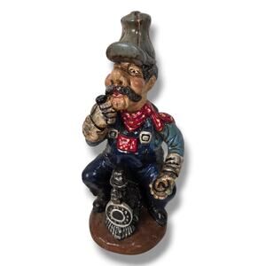 Vintage Steam Train Conductor Statue Pocket Watch Denim Chalkware Railroad 11"